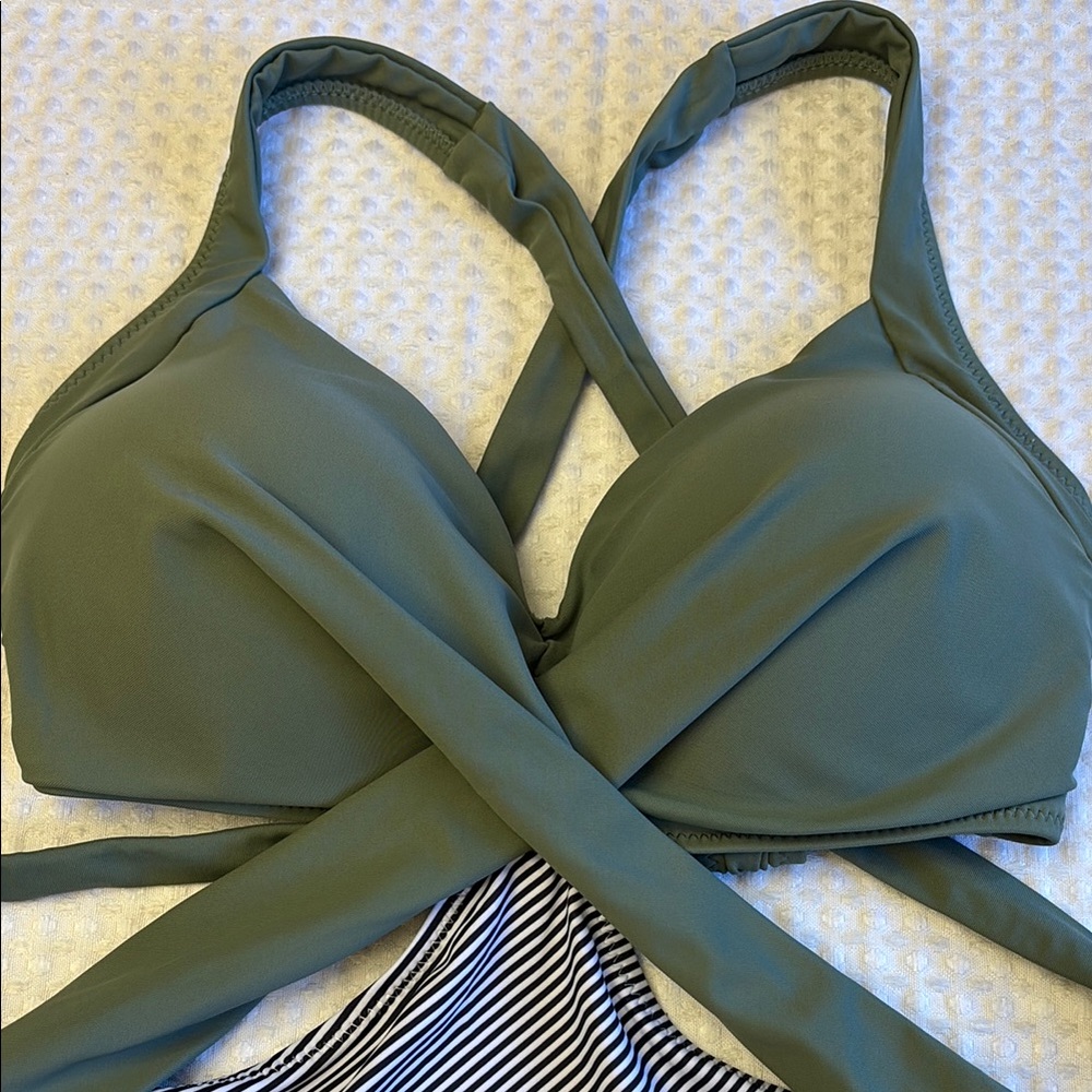 Medium Olive Sage Green Black White Striped Monokini One Piece Swimsuit - Picture 4 of 16